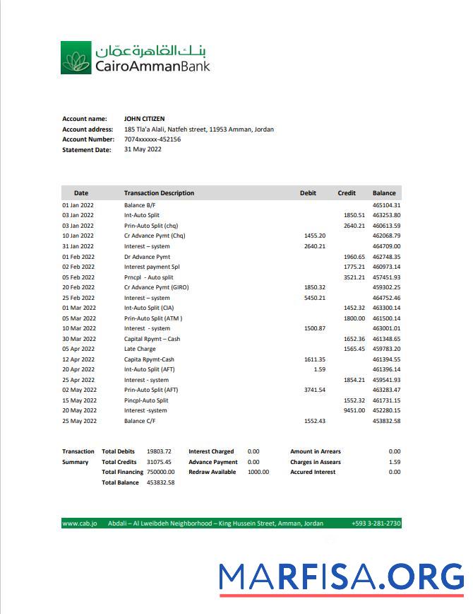 Blank Jordan Cairo Amman bank statement excel.1 download for verification